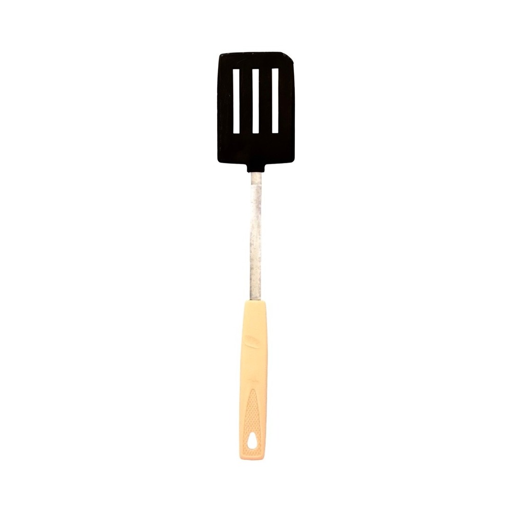 Vintage KOCO Japan Slotted Spatula Turner Stainless Steel Nylon Tan Handle Black